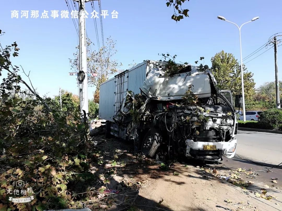 商河西外环发生一起车祸,车辆直接报废,直径40厘米粗的大树撞倒