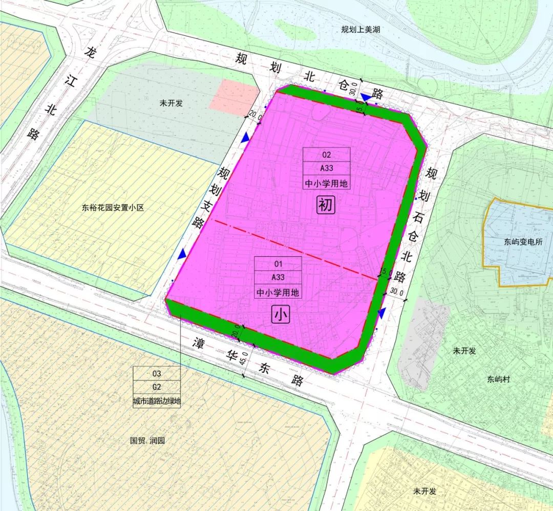 如上圖所示, 01地塊規劃為漳州市實驗小學龍文校區,規劃規模48個