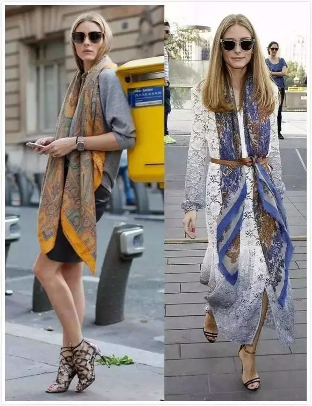 相比大絲巾,很多人反而更喜歡用飄帶絲巾,像olivia palermo,看起來是