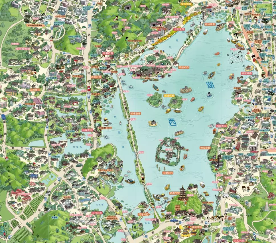 西湖地图手绘平面图图片