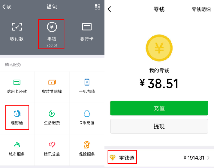 圖5:微信錢包界面:零錢和理財通的入口;點零錢進入零錢通頁面當前的