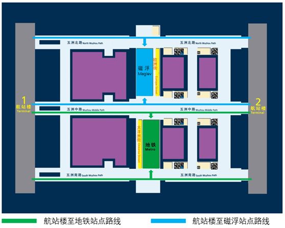 磁浮与地铁2号线浦东机场站均位于两楼之间,旅客由1号,2号航站楼2层沿