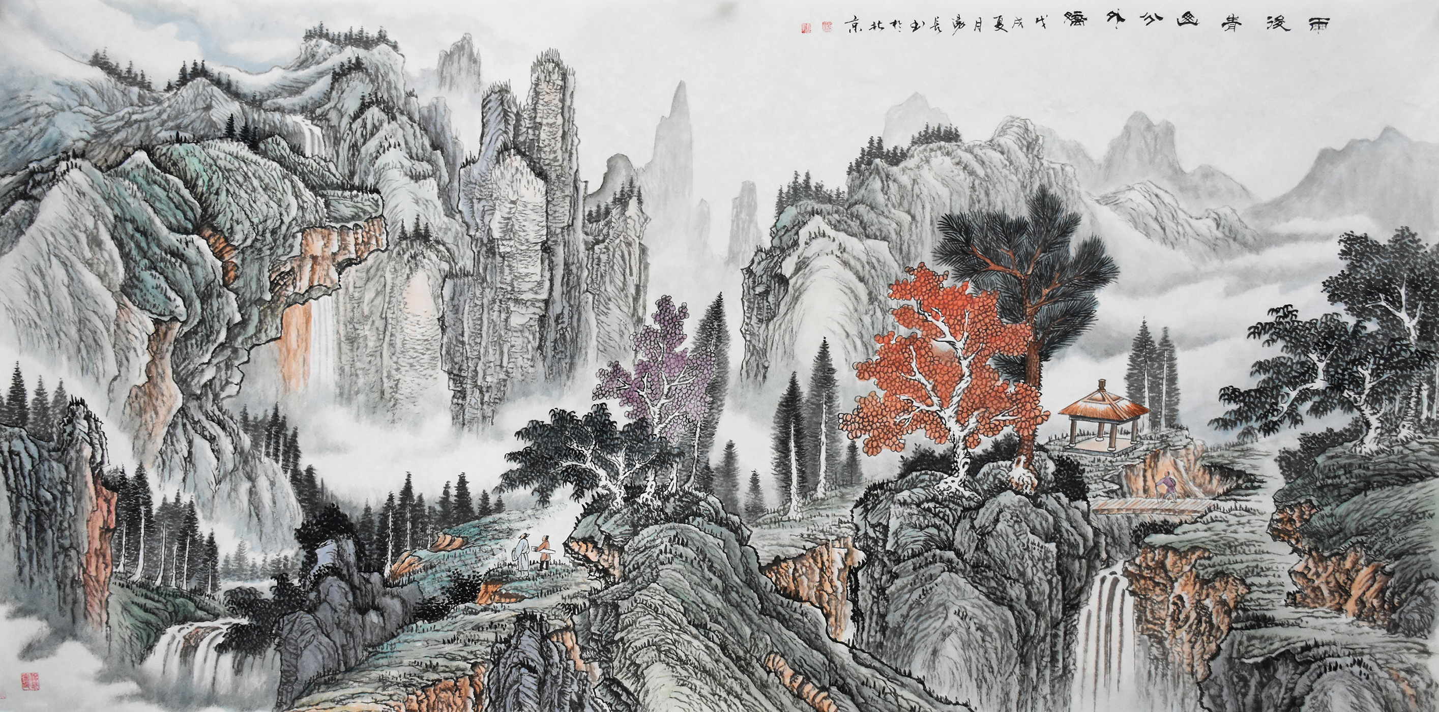 这幅画面清新自然的作品,把观者代入了雨后的情景,山川,树木,亭阁焕然