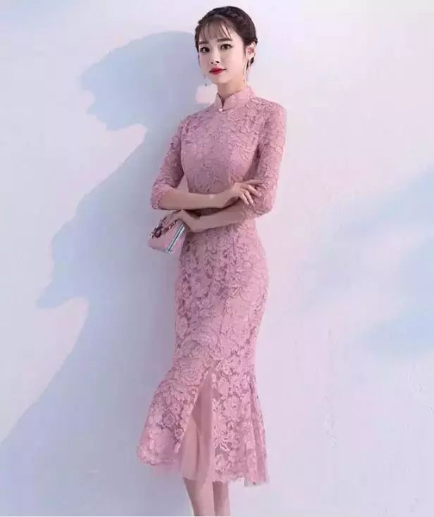 粉色鱼尾旗袍裙,凸显女人知性魅力!