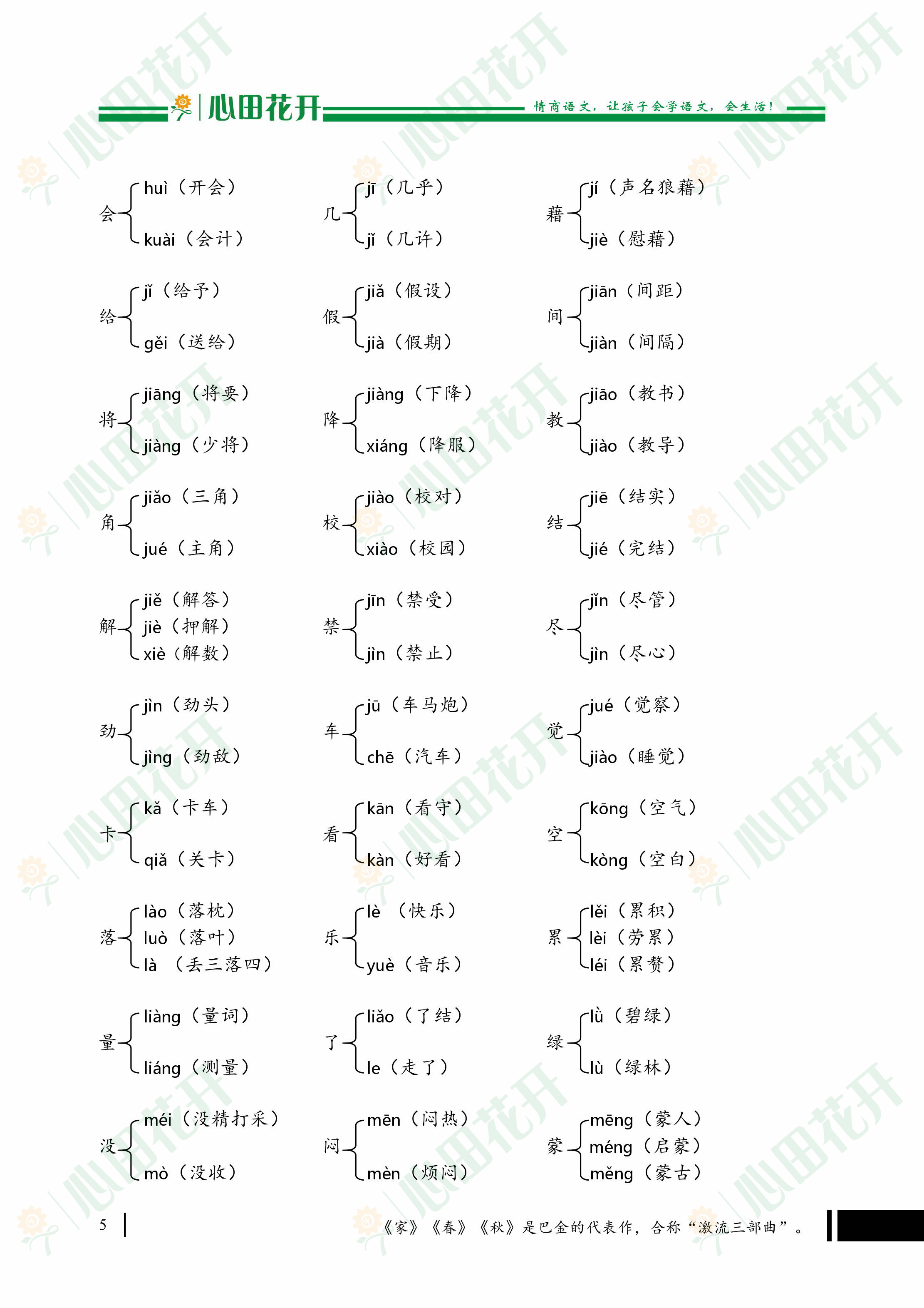 心田花开分享:小学语文常见多音字汇总