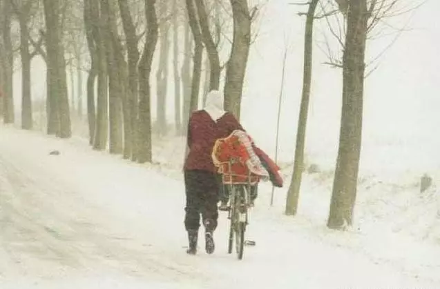 90年代的春节走亲戚老照片:妇女同志用二八自行车带着孩子回娘家,这冰