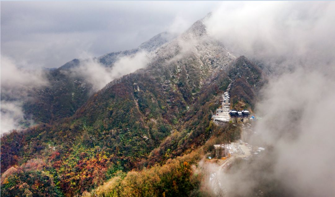 攝影/陶明 雲霧中的鬼谷嶺山頂白雪皚皚,山腰秋色正濃,主峰鬼谷嶺被五