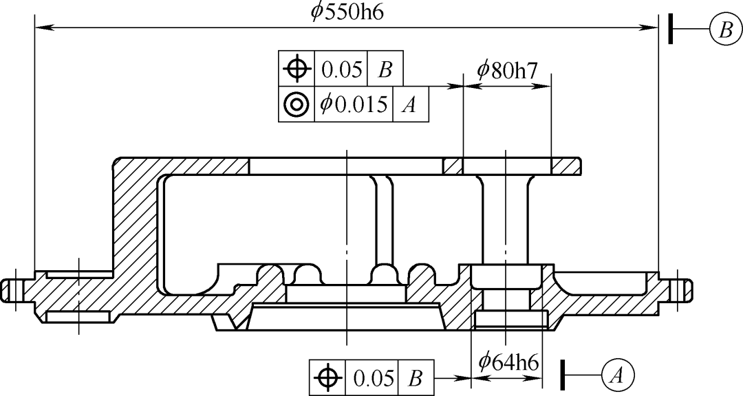 φ64mm用於安裝行星輪軸,要求相對於φ550mm止口(基準b)位置度0