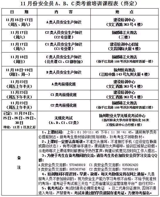 11月份b類安全員考前培訓地點更改通知