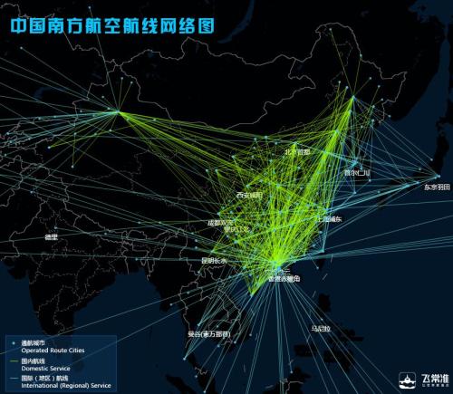 (南方航空航線網絡圖,約70%航班為國內航班)