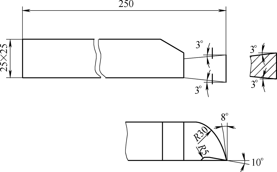 圖3 挖槽刀具3,切削參數選擇粗車時轉速n=160r/min,進給量f=0.27～0.