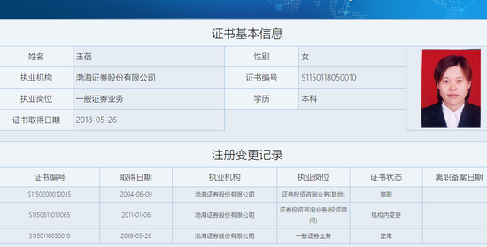 2011年1月以及2018年5月分別獲得從業資格證書,執業機構均為渤海證券