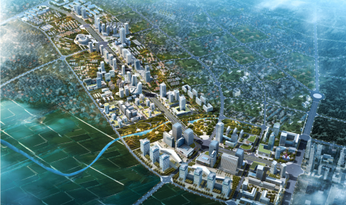 图:滨海新城效果图滨海新城位于县城南部,规划范围以城南大道为中轴线