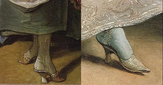 当时,男人们大多穿着路易十四改造的严密包裹整个脚面的高跟鞋,女人们