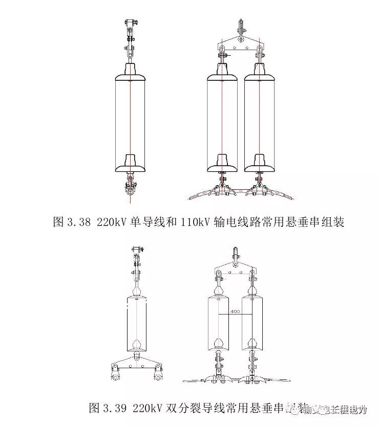 39可知,220kv和110kv输电线路导线悬垂串一般采用单挂点双联悬垂串,要