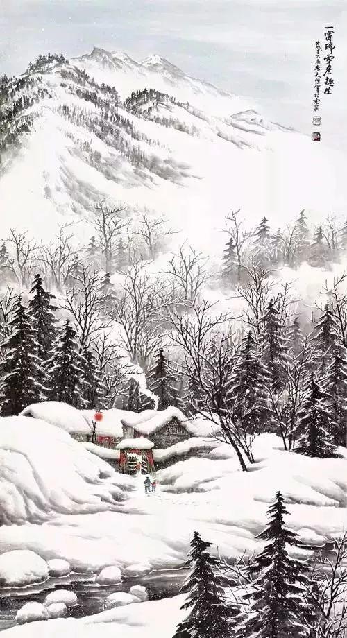 黑白雪景国画图片