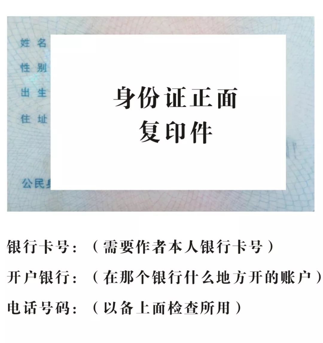 样板:每个作者需身份证复印件正面,本人银行卡,电话号码,开户银行