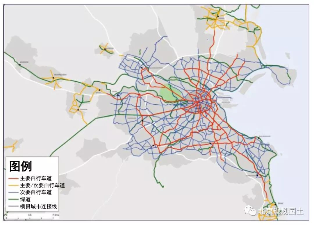 大都柏林地區自行車線路規劃圖(2035年)都柏林此版交通規劃的特色在於