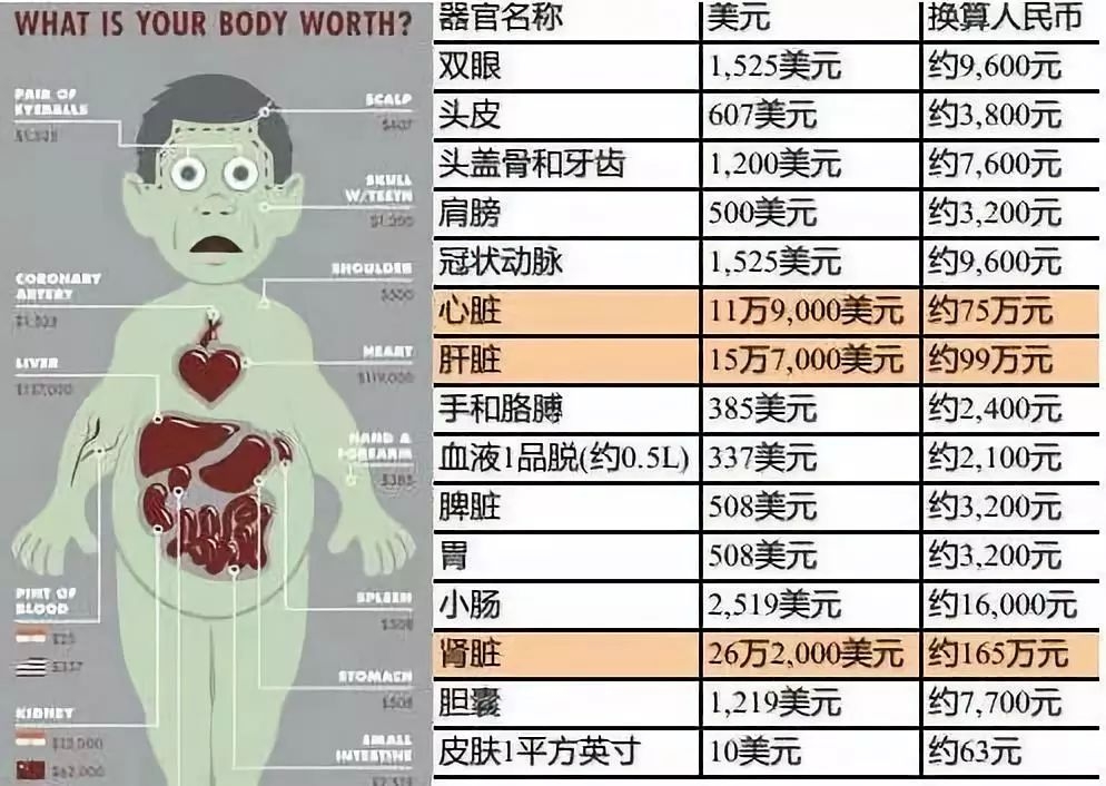 去年,美國medical tranion網站公佈了一份黑市人體器官交易價格表