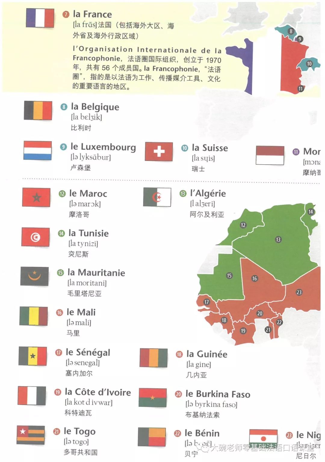 48个法语系国家和地区附读音地图国旗