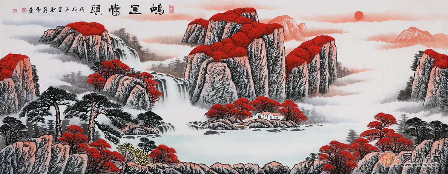 是旺财聚财的风水字画,这样的一幅聚宝盆山水画装饰在沙发背景墙之上