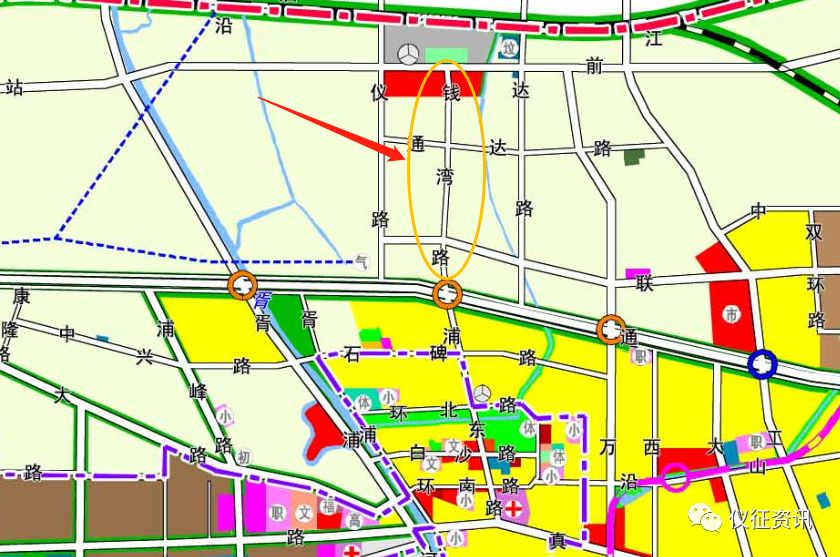 根据《仪征市城市总体规划(2016-2030)》,钱湾路就是图中黄圈标注的