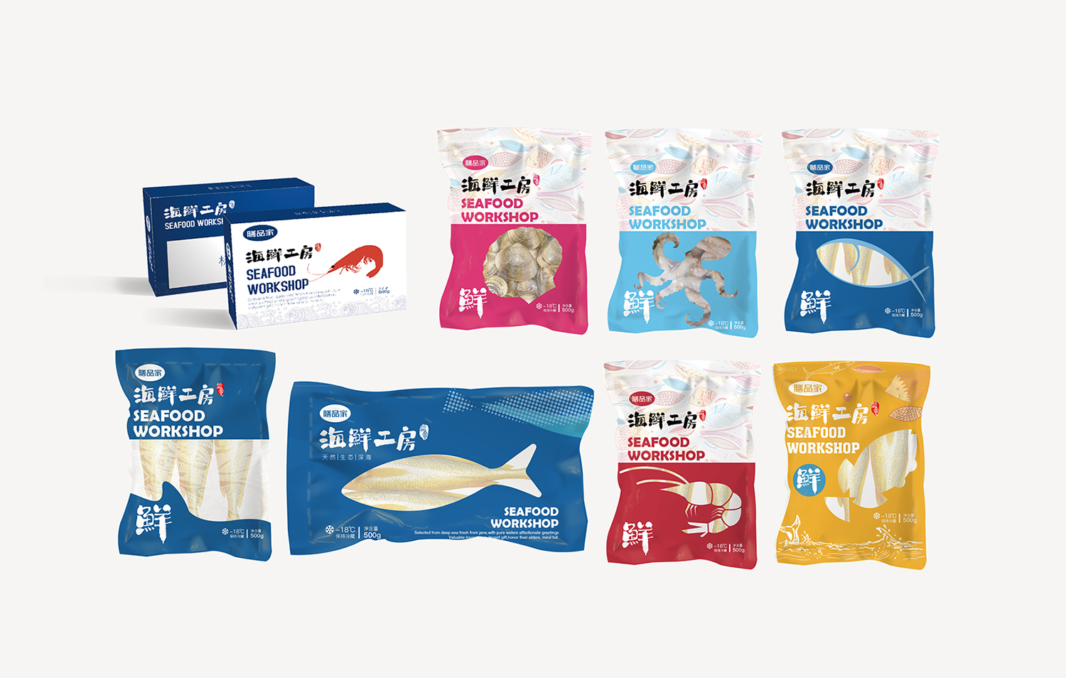 海鲜水产品包装设计案例分享:膳品家海鲜工房海产品系列包装设计