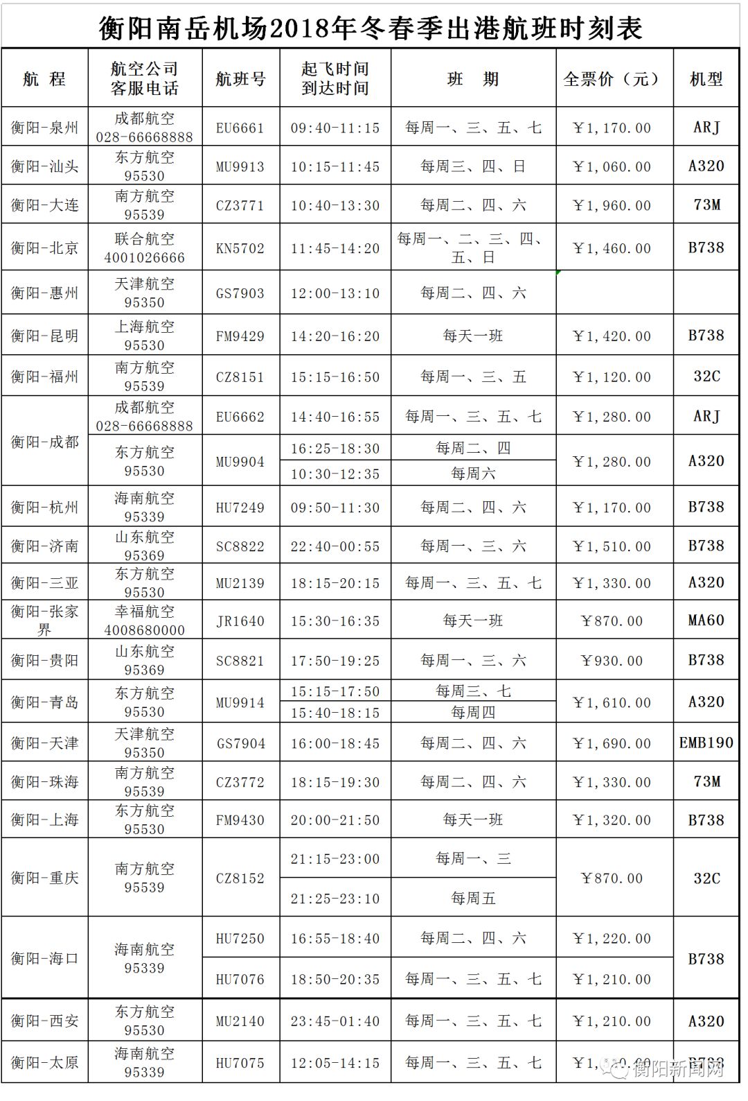 南岳机场航班时刻表图片