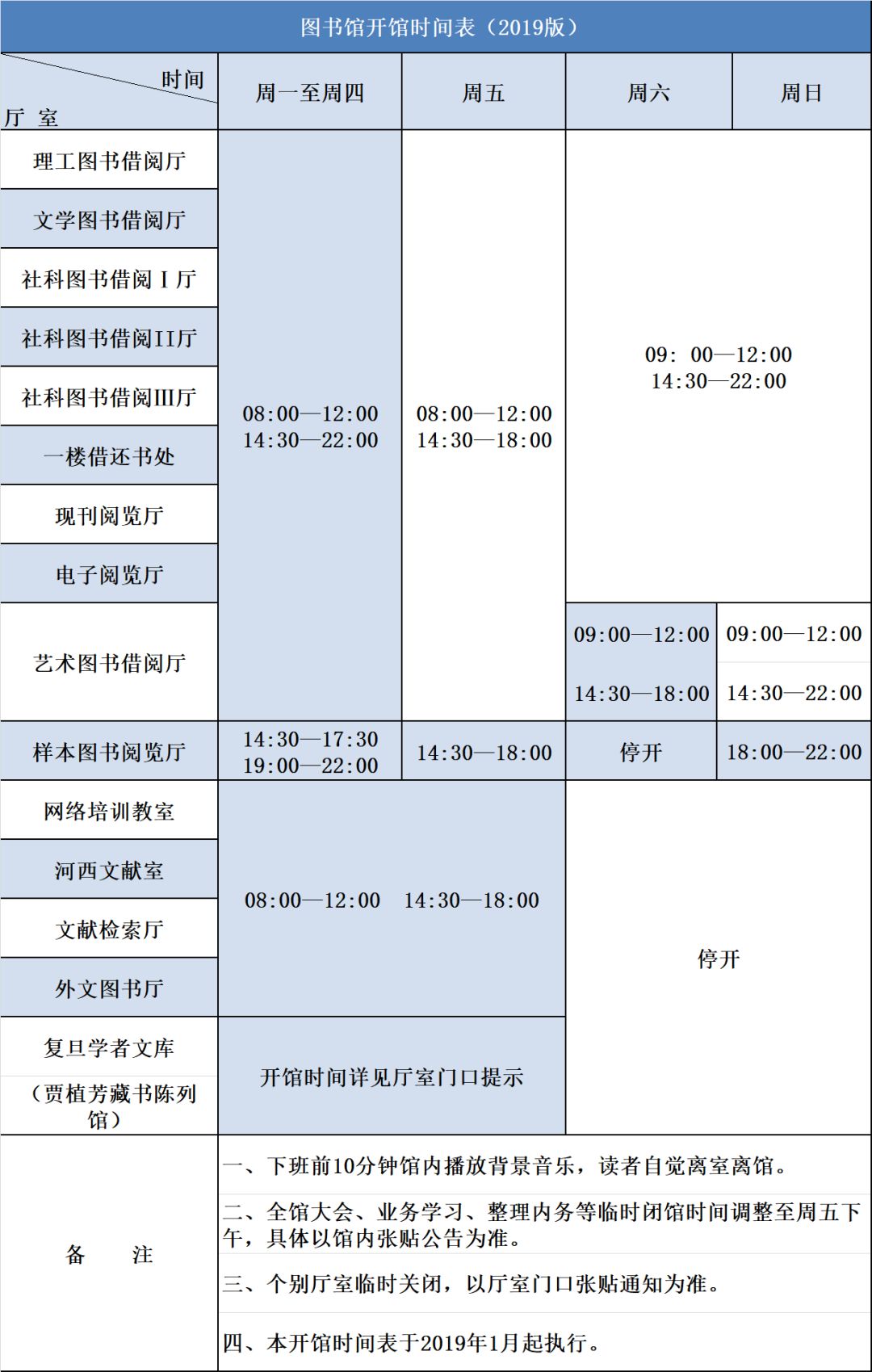 图书馆开馆时间表(2019)