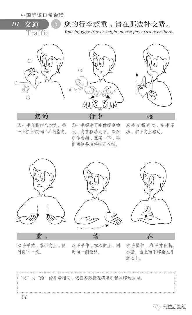 中国手语日常会话交通您的行李超重请在那边补交费