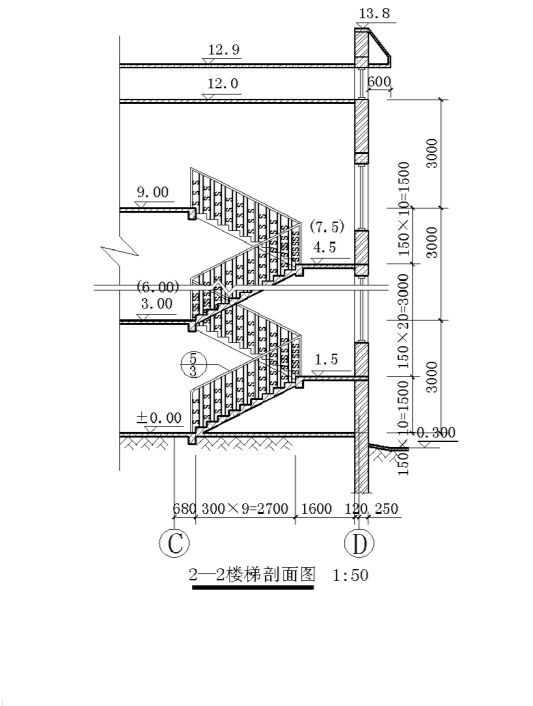 楼梯剖面图的画法:画定位轴线及各楼面,休息平台,墙身线如下图(a)