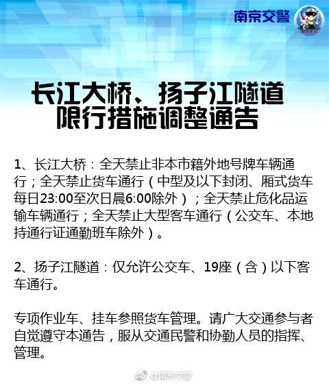 图源:@南京交警根据南京交警发布的长江大桥,扬子江隧道限行措施调整