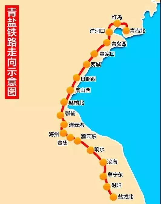 青鹽鐵路自青島北站引出,經日照,連雲港至鹽城北站,線路全長428公里