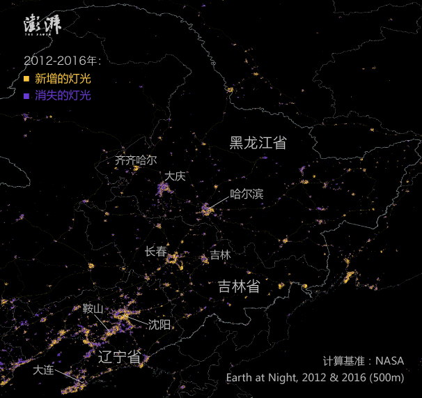 中國的燈光多分佈在人口密集的黑河—騰衝線(胡煥庸線)以東.