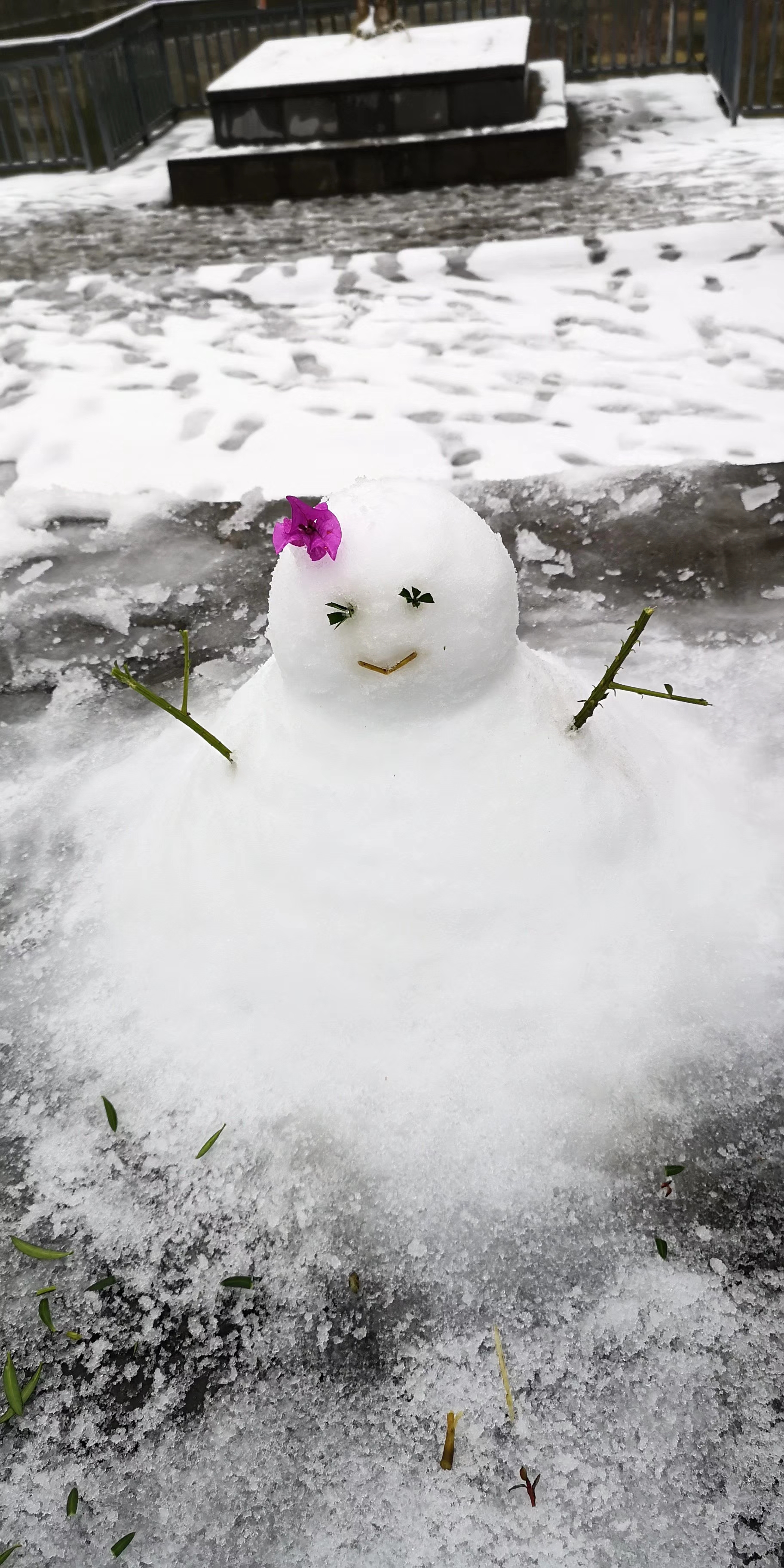 贵州黔西南下雪刷屏,这个雪人真是奇葩啊,在车顶抽烟晒太阳