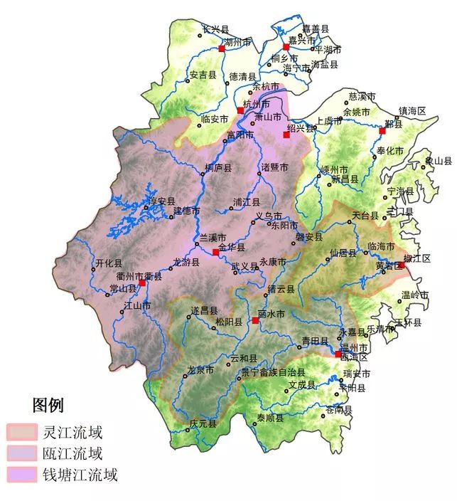 浙江省六大自然区示意图(自绘,底图摘自谷歌地图)地形地貌,河流水文