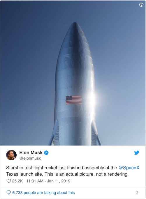 馬斯克推特曬SpaceX星際飛船圖片：絕非渲染圖 國際 第1張