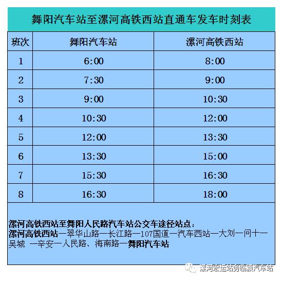 舞陽至漯河高鐵西站班次時刻表(試運行)_汽車站