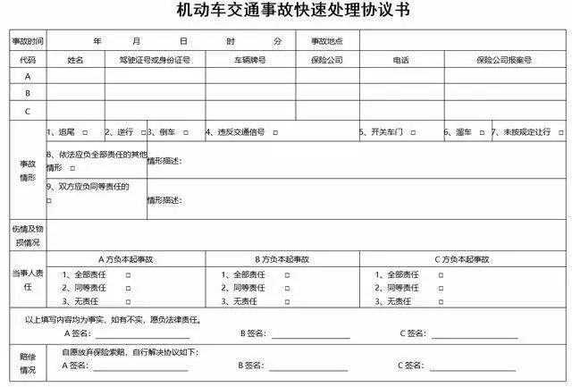 《交通事故快速处理协议》表格可以在官方网站上自行下载,最好平时多