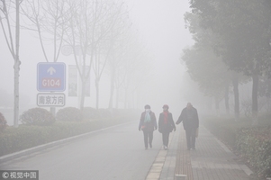 1月14日,南京江北新区遭遇大雾天气,能见度不足百米,行人,汽车在路上