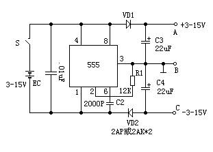 简易催眠器时基电路555构成一个极低频振荡器,输出一个个短的脉冲,使