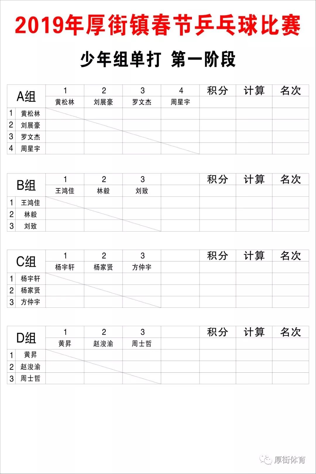 2019厚街镇春节群体系列活动乒乓球比赛分组对阵出炉