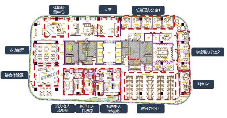 該項目設計施工面積1500㎡,施工週期60天,平面佈置分為大堂,多功能廳