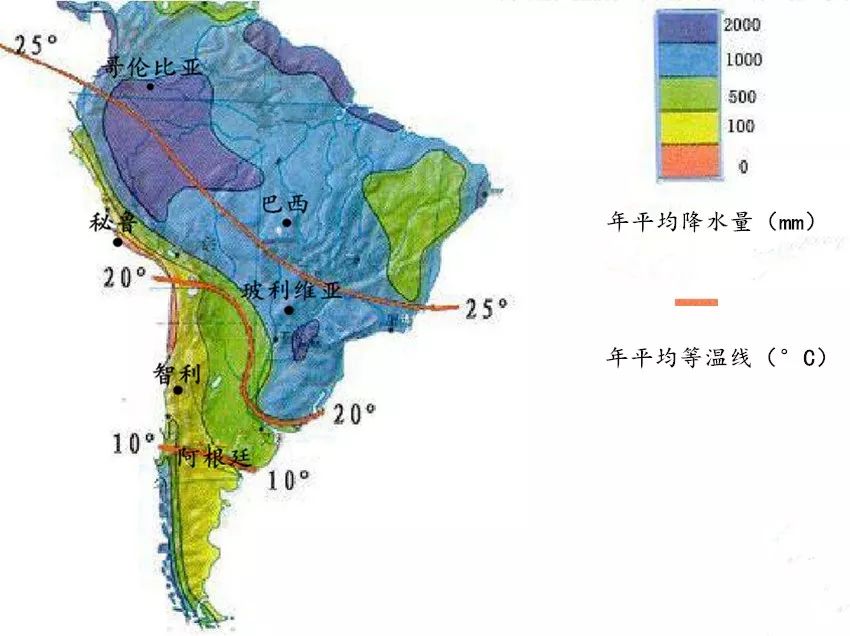 南美洲大部分地区属热带雨林气候和热带草原气候,年降水量在1000以上