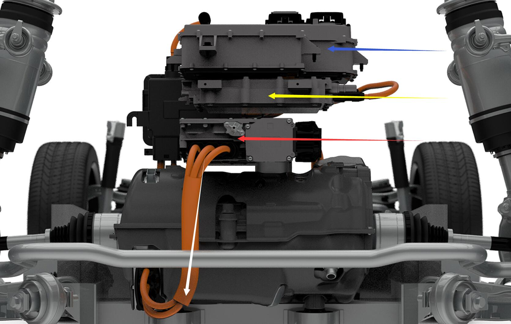 全鋁框型副車架承載著分散式佈置的電驅動系統,各分系統則通過高壓