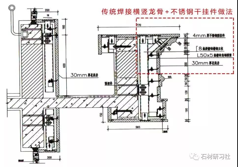 石材牆面無龍骨幹粘工藝和錨栓掛件幹掛做法