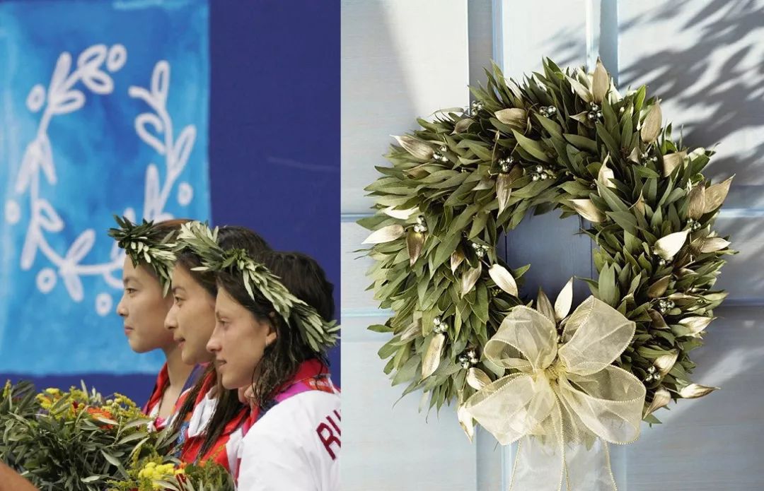 雅典奥运会运动员头上的橄榄枝花环(左)和月桂枝花环(右),都代表了