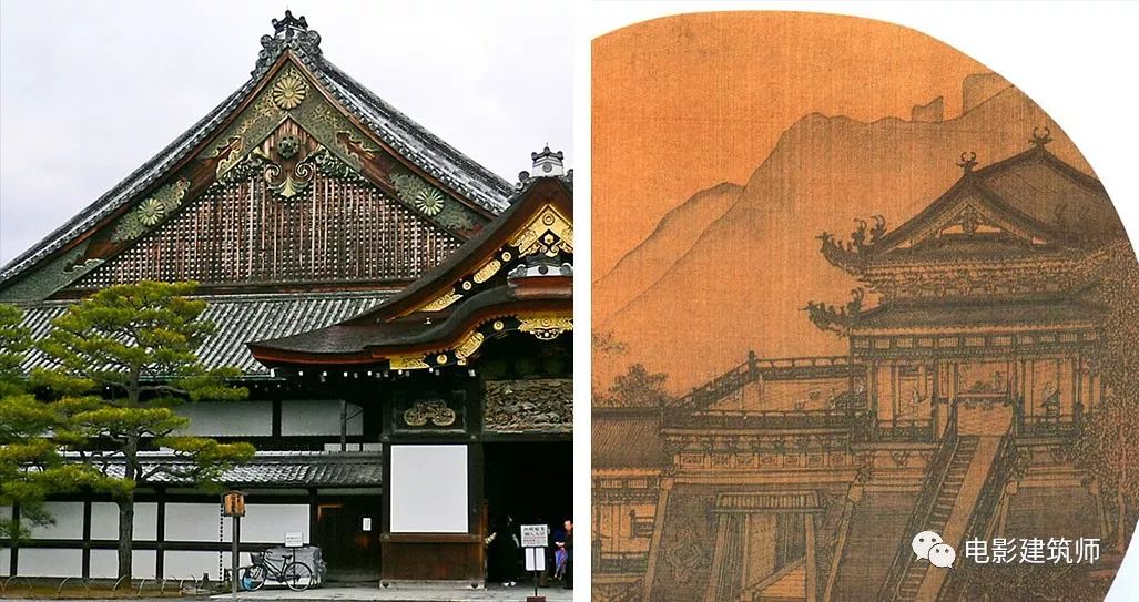 二条城(左)和中国宋代绘画的建筑(右)两者屋顶大小以及山墙装饰的对比