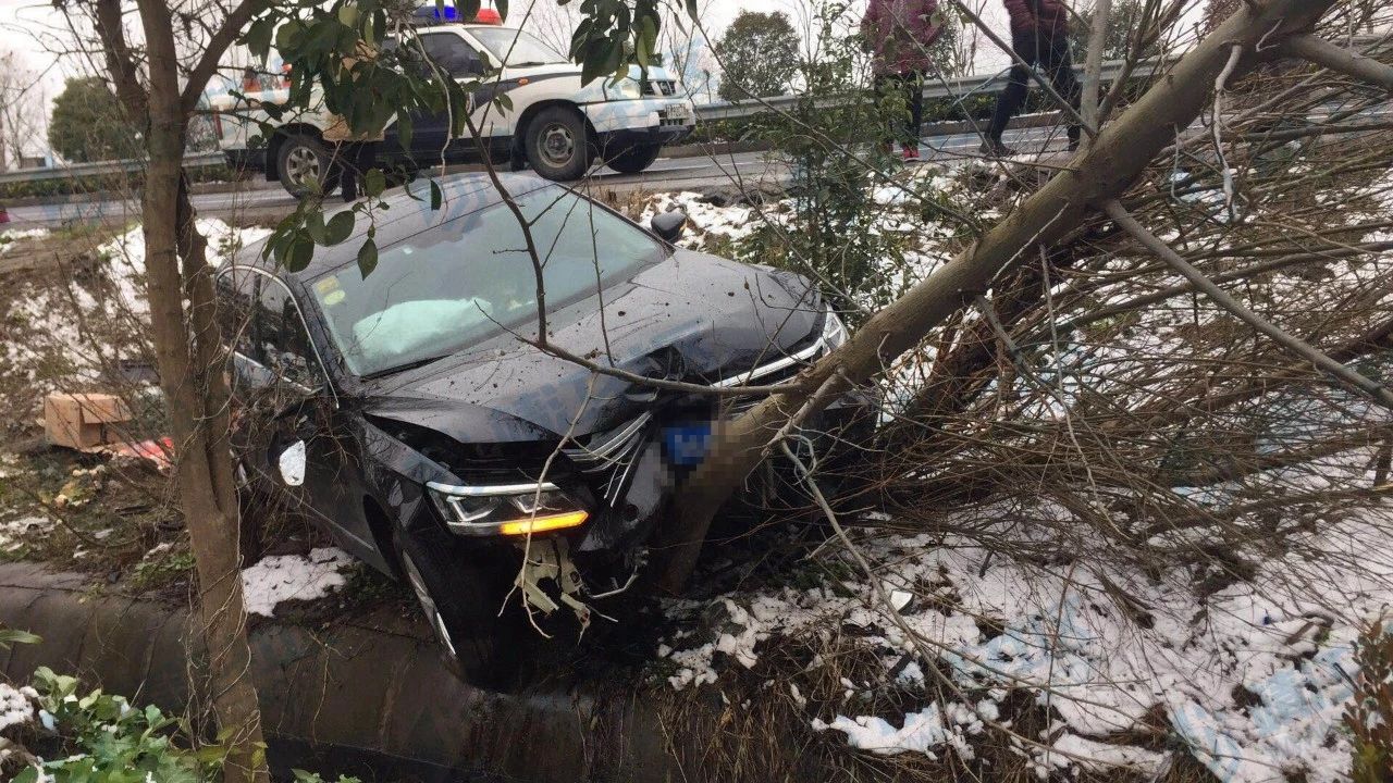 靖江社区一车飞出路面又撞树险掉沟中暴雪出行不易接下来3天