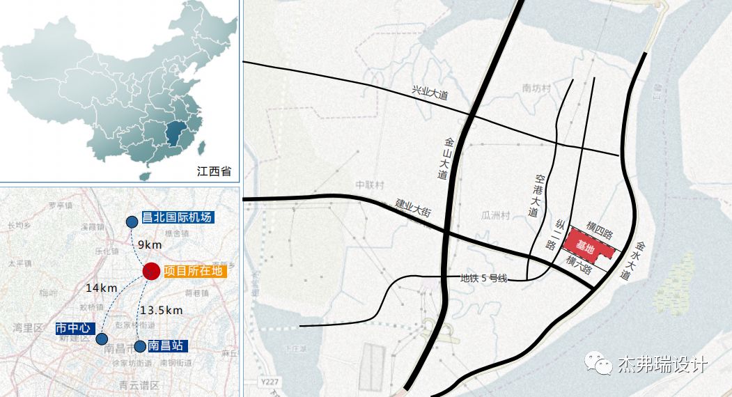 位于赣江新区,南昌市北部,距老城区,新城区约 15km,毗邻赣江,在建地铁